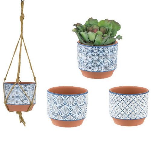 Pot Indigo Blue &amp; White Patterns &amp; Jute Hanger 4.7x4