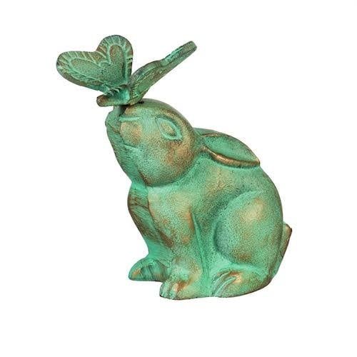 Statuary Rabbit/Bunny w/Butterfly 7&quot; Verdigris Metal