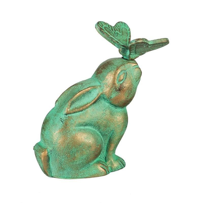 Statuary Rabbit/Bunny w/Butterfly 7&quot; Verdigris Metal