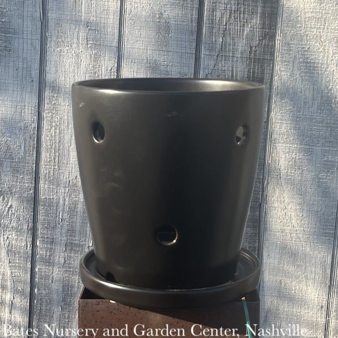 Pot Orchid Glazed w/Round Holes &amp; Saucer Lrg 6.75x7 Black or White