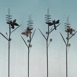 Rain Gauge Stake Spiral Hum Bird/Btrfly/Drgfly/Frog w/Leaf Asst Metal 33&quot;h (#5)