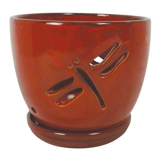 Pot Orchid Dragonfly w/att Saucer Lrg 7x6 Red/Black/White