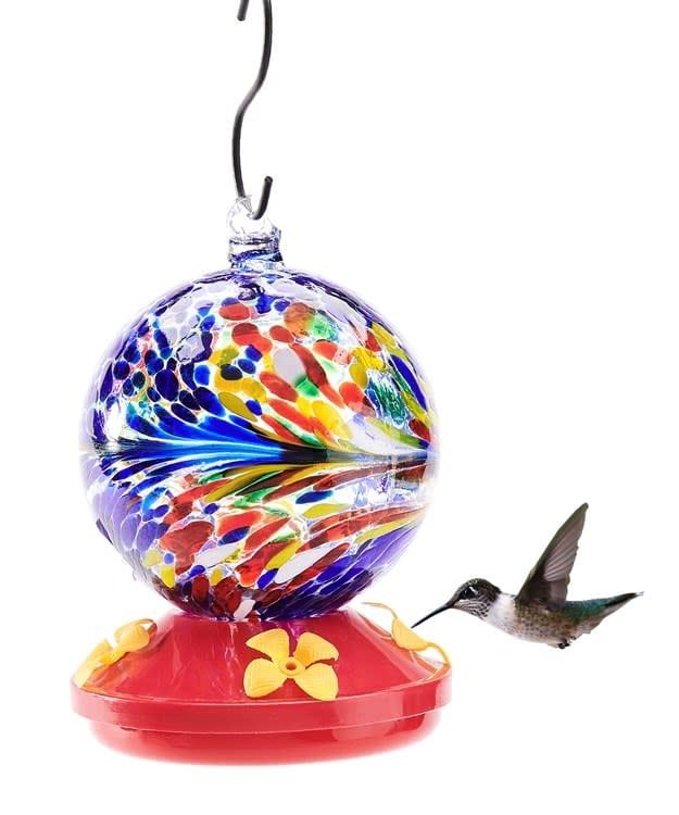 Bird Feeder Hummingbird Glass Orb/Ball w/Feeding Tray 4x6 Muti