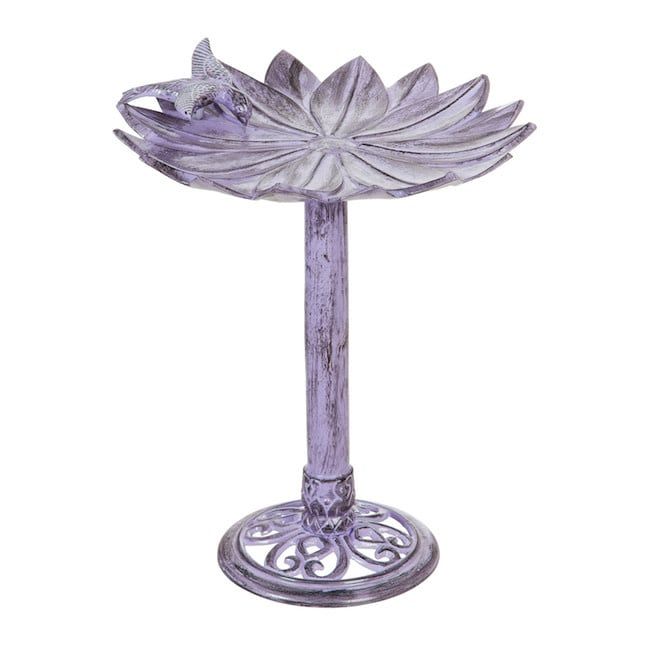 Birdbath Purple/Verdegris Floral w/Perched Bird 16&quot; Metal