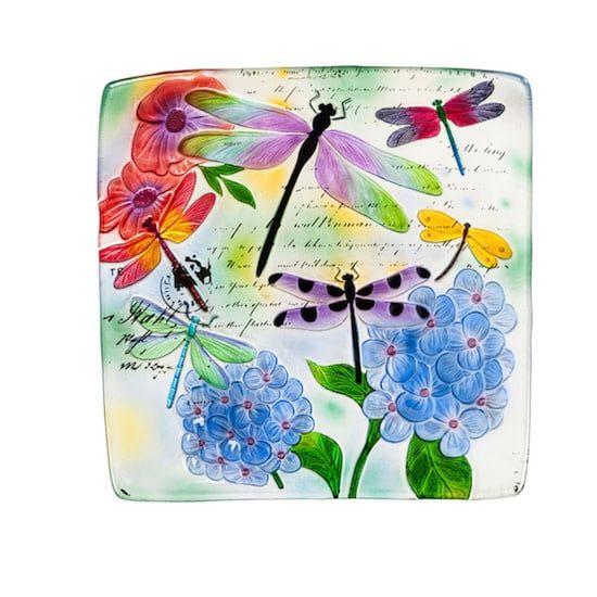 Birdbath Top/Dish Embossed Square Dragonfly 16.5&quot; Glass Hand Painted