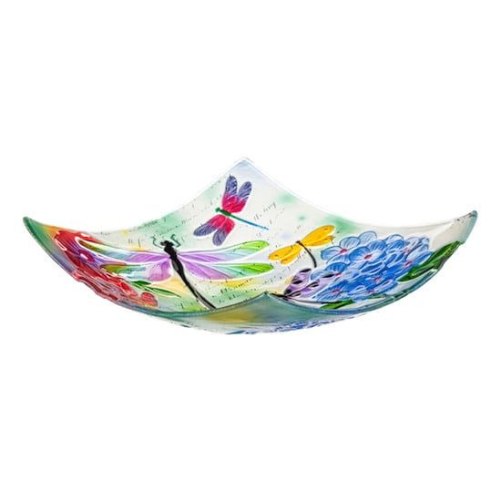 Birdbath Top/Dish Embossed Square Dragonfly 16.5&quot; Glass Hand Painted