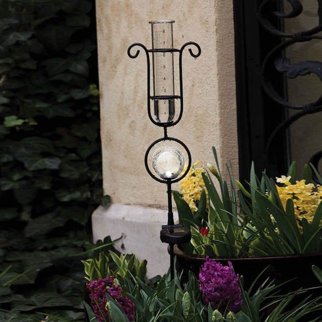 Rain Gauge/Garden Stake Scroll w/Clear Globe Solar 33H (#7)