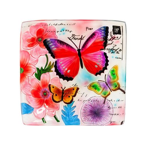 Birdbath Top Embossed Square Butterfly 16.5&quot; Hand Painted Glass