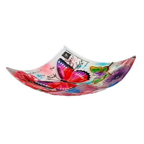 Birdbath Top Embossed Square Butterfly 16.5&quot; Hand Painted Glass