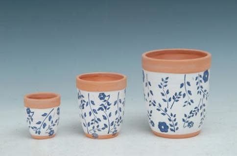 Pot Rounded Taper White w/Blue Flower Lrg 5x6.5 Painted Terracotta