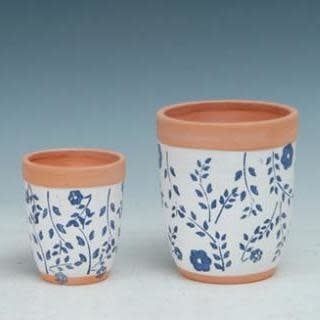 Pot Rounded Taper White w/Blue Flower Lrg 5x6.5 Painted Terracotta