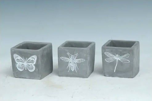 Pot 3&quot; Square Bee/Btrfly/Drgfly Asst Cement