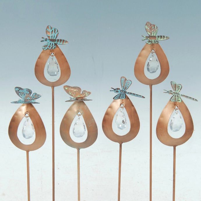 Plant Pick / Garden Stake Teardrop Flower w/Btrfly/Drgfly Metal Asst 24H