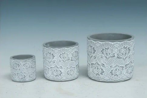 Pot Cylinder w/Flower Design Sml 3x3 Cement