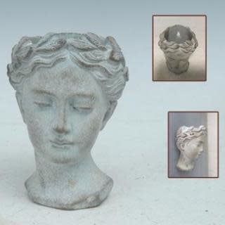 Pot / Wall Planter Lady Head w/Leaf Crown Sml  4x4x6 Cement