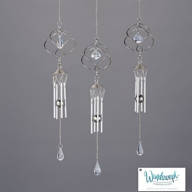 Wind Chime / 4-Tube Swirl w/Teardrop  28H Asst Metal/Crystal