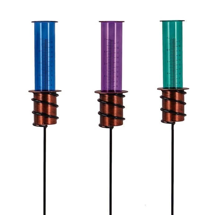 Rain Gauge/Garden Stake Colored  Tube w/Spiral Base Glass/Metal 28H (#7C)