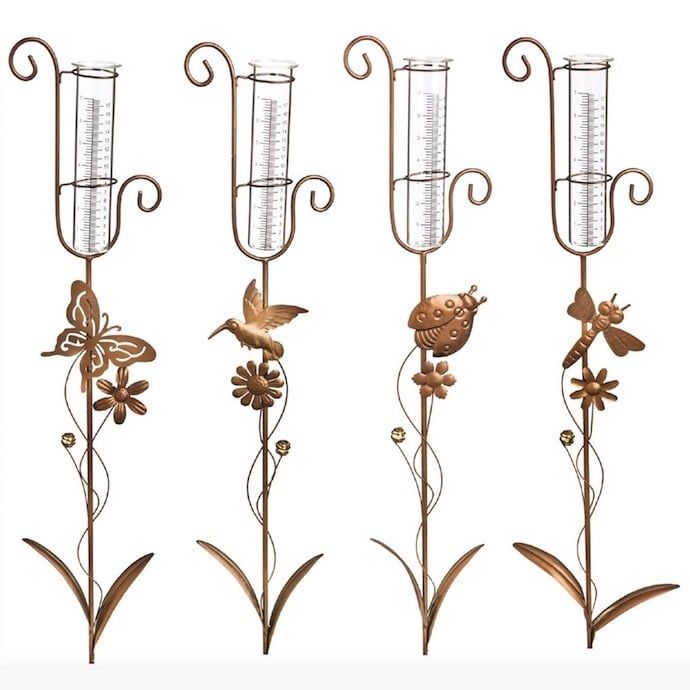Rain Gauge Garden Stake Critter w/Flower Curl w/ Jewel Asst Designs 37.5H (#7)