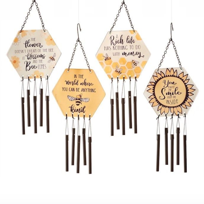 Wind Chime Sentiment Bee 16H Glass/Metal Asst Designs