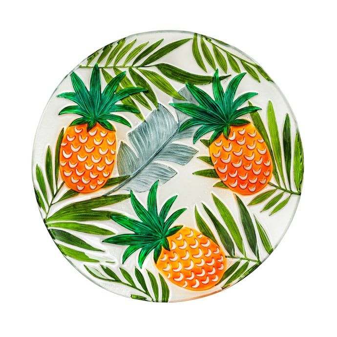 Birdbath Top/Dish Embossed Tropical Pineapple Hand Painted Glass 18&quot;
