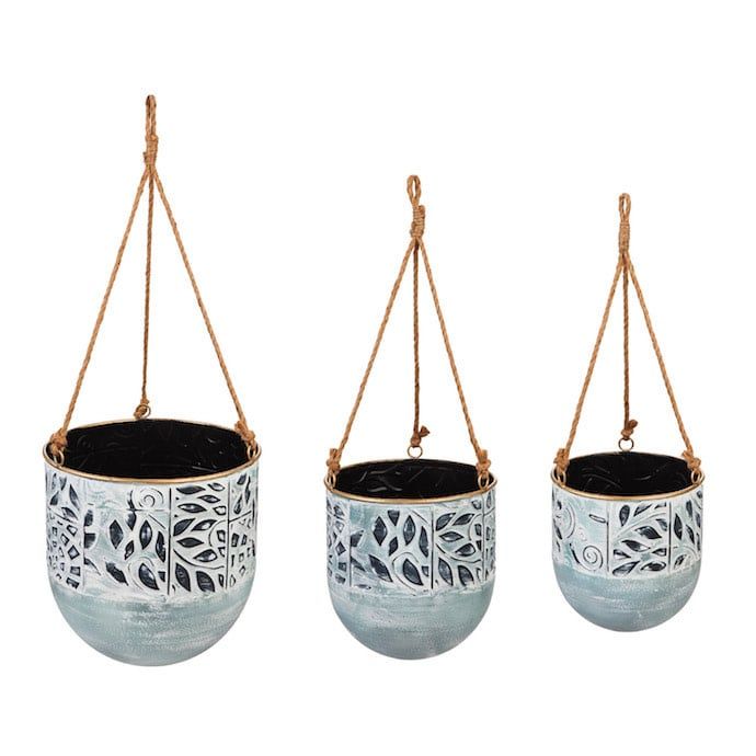 Pot Hanging Stamped Decor w/Rope Hanger Med 8x8.5 Painted Metal