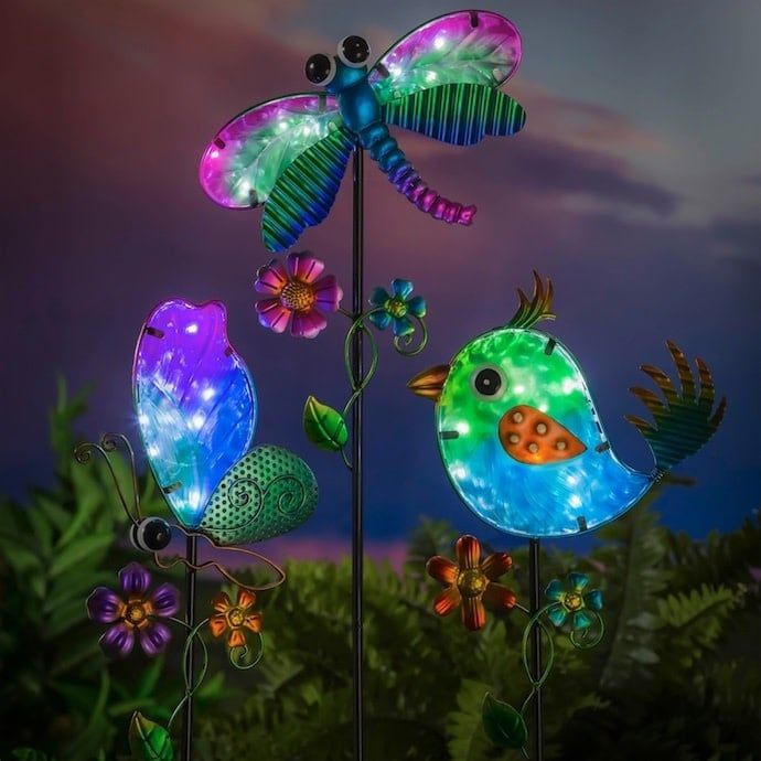 Garden Stake Secret Solar Btrfly/Drgfly/Bird Asst Glass/Metal 36H