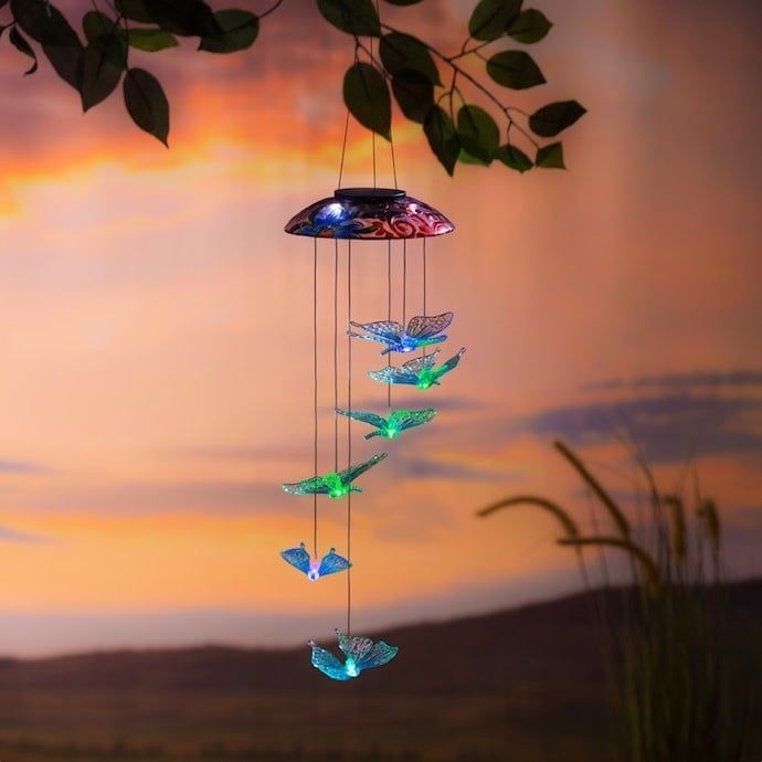 Hanging Mobile Color Changing Butterfly Hand Painted Solar Plastic/Glass 29&quot;