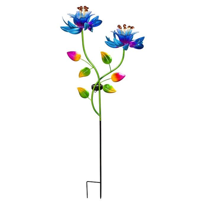 Wind Spinner / Garden Stake Blue Flower Solar 47H Multi-Color Metal