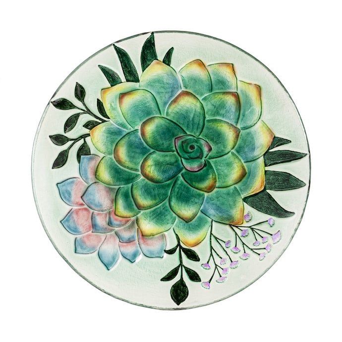 Birdbath Top/Dish Embossed Succulent Hand Painted Glass 18&quot; w/Solar Stand