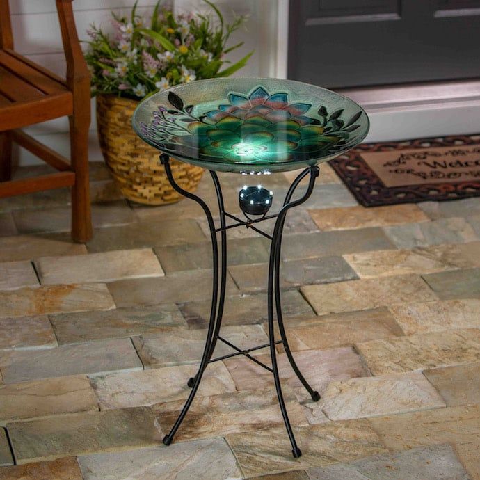 Birdbath Top/Dish Embossed Succulent Hand Painted Glass 18&quot; w/Solar Stand