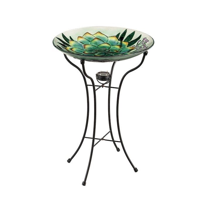 Birdbath Top/Dish Embossed Succulent Hand Painted Glass 18&quot; w/Solar Stand