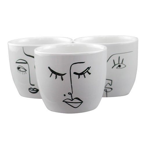 Pot Expressions Faces Planter &amp; Jute Hanger 4.7x4 White w/blk