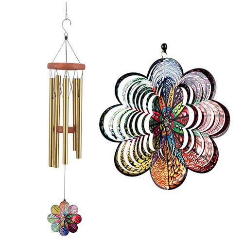Wind Chime Rainbow Flower Geo Medallion 30H Metal/Wood