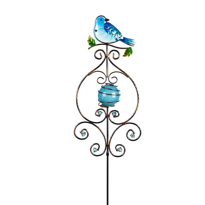 Garden Stake Glow-in-the-Dark Blue Bird on Branch Metal/Glass Asst 39H