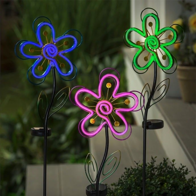 Garden Stake Neon Flower Solar 35H Pink Plastic/Metal