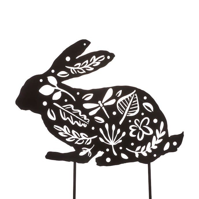 Garden Stake Silhouette Rabbit w/Cut out Leaves/Drgfly Metal 13H
