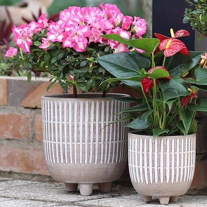 Pot Piper Banded Lines w/feet Sml 5.5x5.5 Painted Terracotta