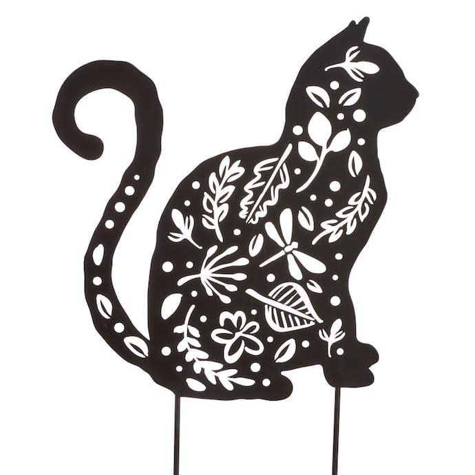 Garden Stake Silhouette Cat w/Cut out Leaves/Drgfly Metal 17H