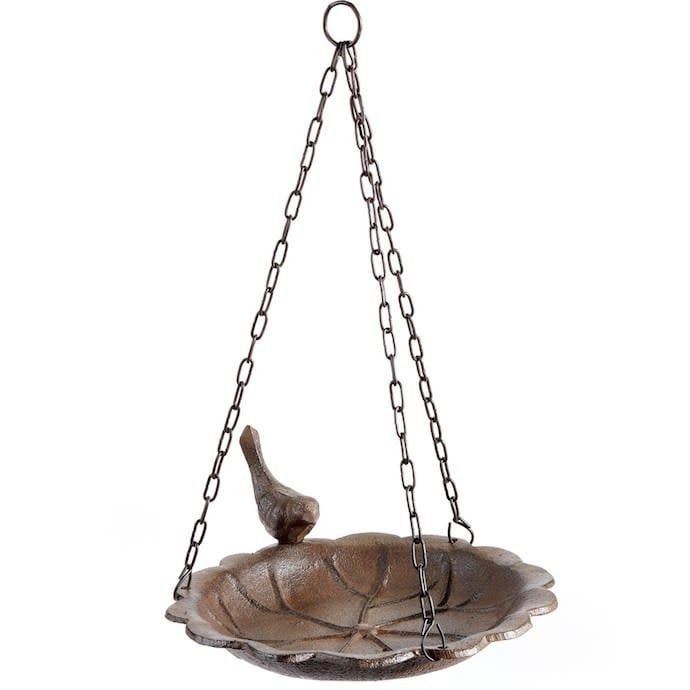 Bird Feeder Dish Flower Shape w/Bird 8.5x4 Antq Brown Cast Iron