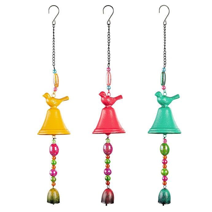Wind Chime / Garden Bell w/Bird &amp; Beads 3.5x19H Asst Cast Iron/Plastic