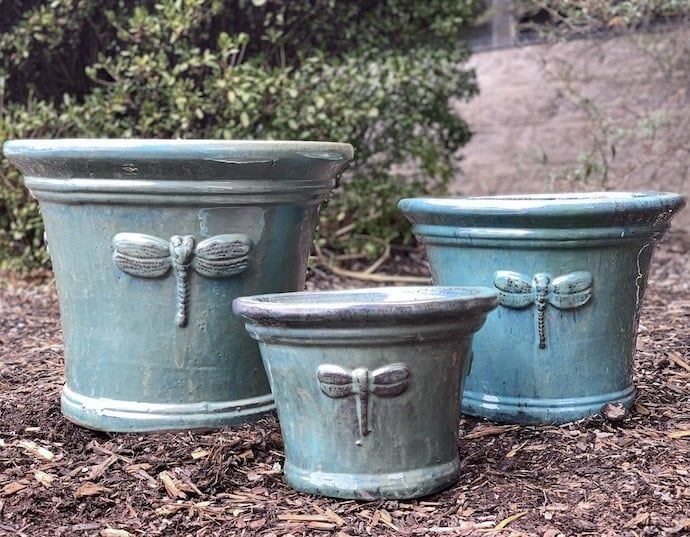 Pot Dragonfly Decor Sml 9x13 White/Aqua