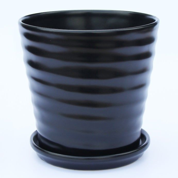 Pot Wavy Taper w/Saucer Lrg 6.75x6 Matte Black