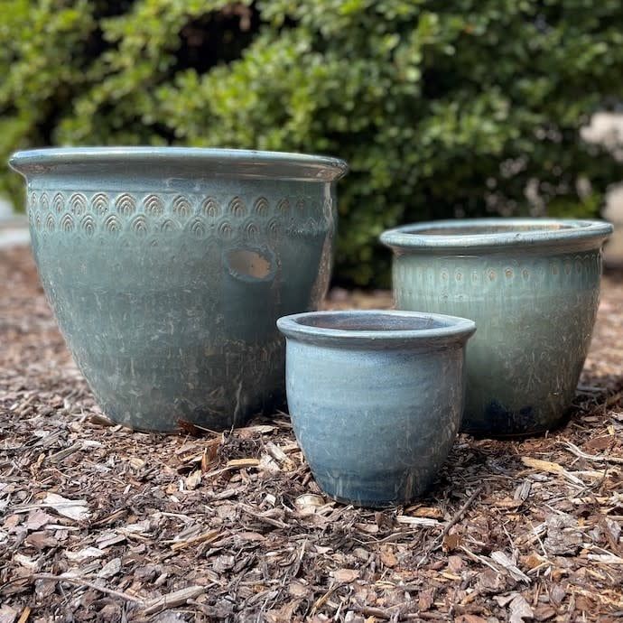 Pot Laila Jar w/Feathered Band Sml 8x6 Linear Blue