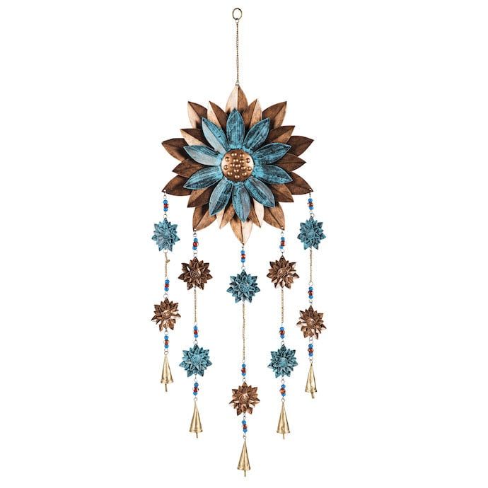 Wind Chime Blue &amp; Copper Flower 40H Metal