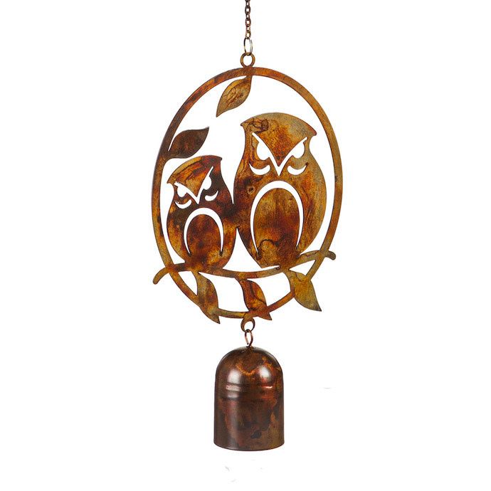Wind Chime / Garden Bell Oval w/Owls on Branch 6x11H Rustic Metal