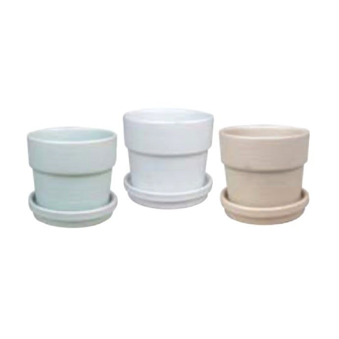 Pot Matte Floral/Glazed Standard w/att Saucer Lrg 6.75x6.75 Pale Grn/Tan/Brt Wht