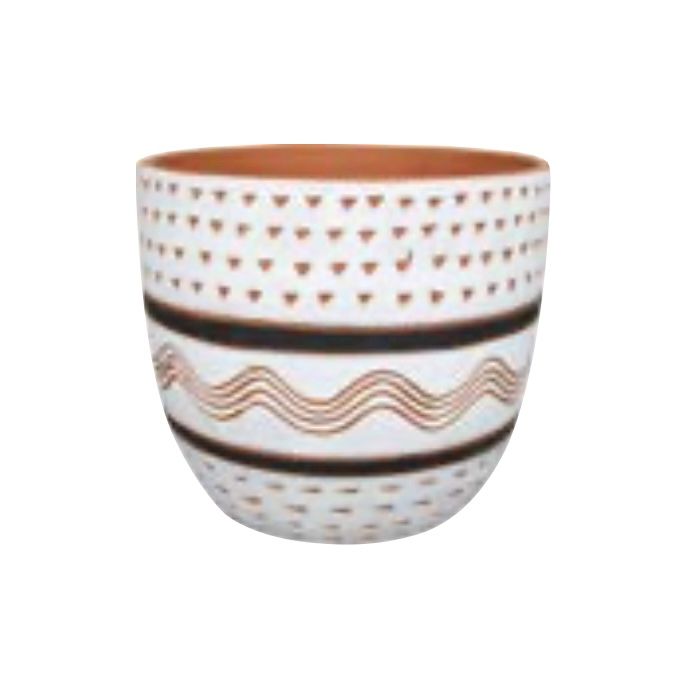 Pot Colima White Pot w/Dots Lines &amp; Waves Lrg 9.8x8.8 Terracotta