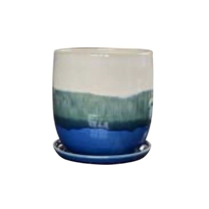 Pot Valko Egg Planter w/att Saucer  Lrg 6.8x7 Wht.Gry.Blu