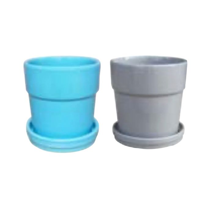 Pot Floral/Glazed Standard w/att Saucer Lrg 6.8x6.8 Sea Blue or Gray