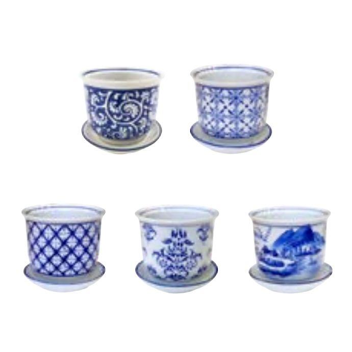 Pot Porcelain Cups w/att Saucer Asst Designs 4x3.8  Blue &amp; White
